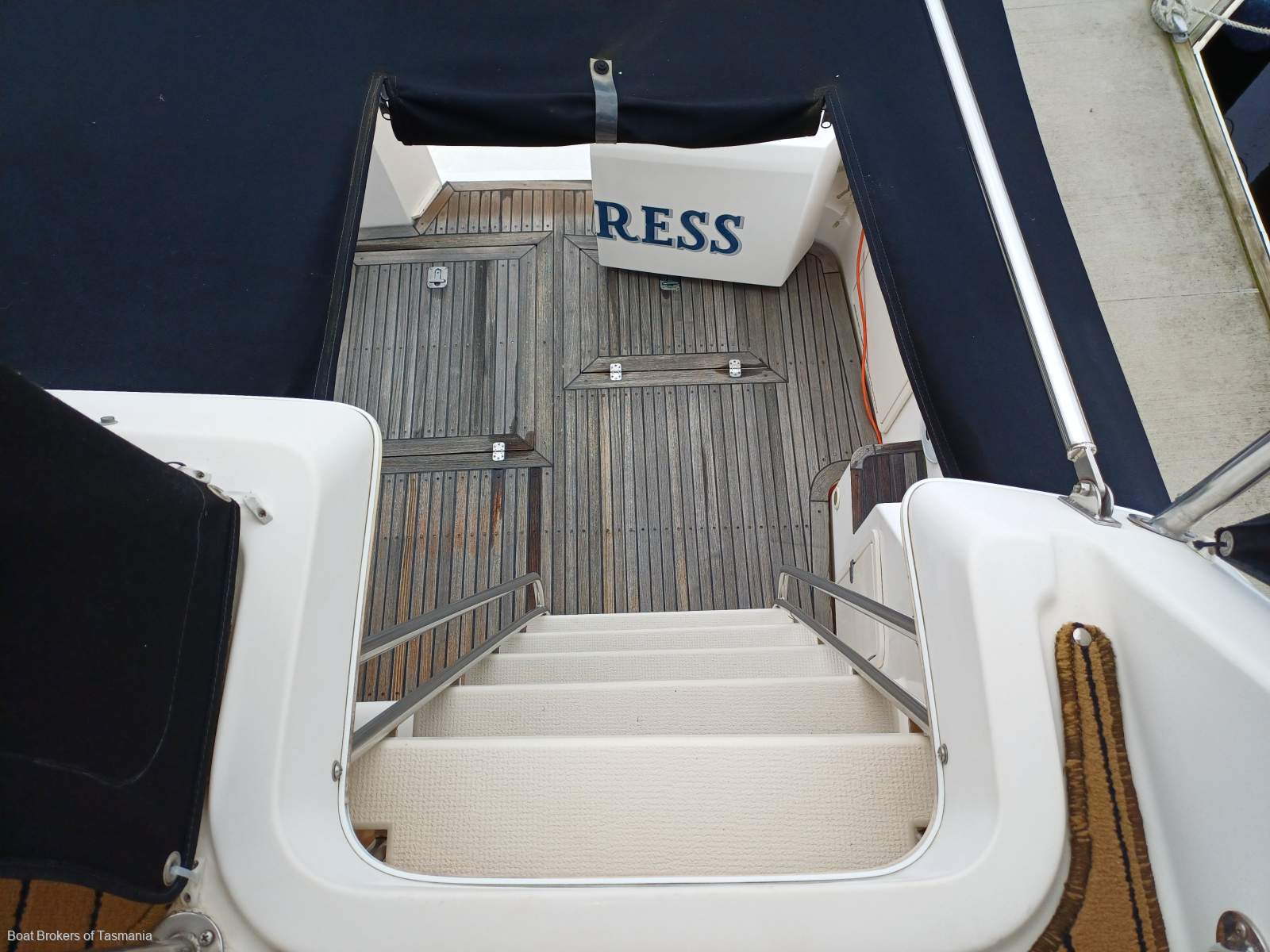 Less Stress Riviera 36 Flybridge. Twin cabins, twin Cummins. Boat Brokers of Tasmania