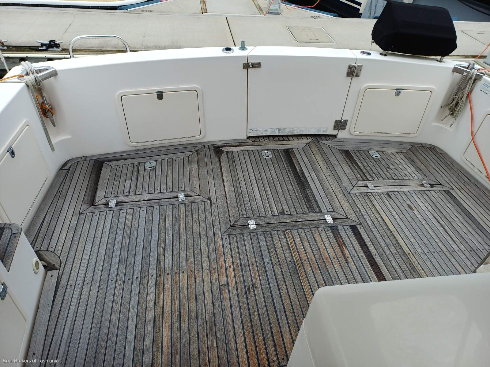 Less Stress Riviera 36 Flybridge. Twin cabins, twin Cummins. Boat Brokers of Tasmania