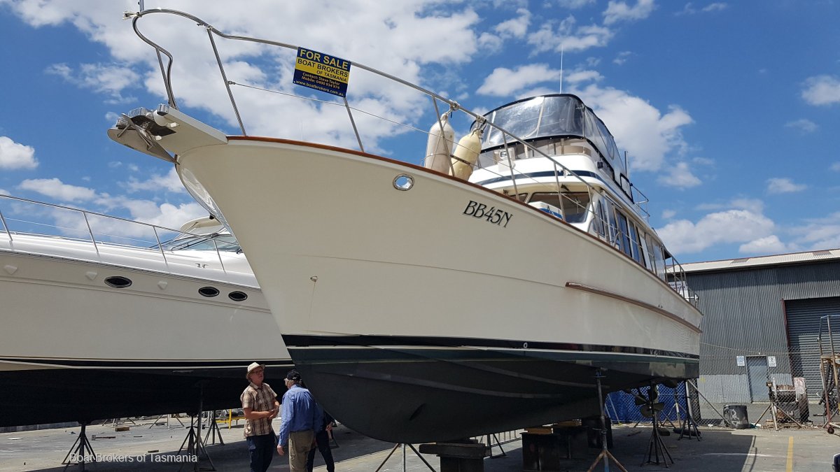 Last Word Alaska 45 Flybridge 3 cabins, 2 heads, Cummins diesels. Boat Brokers of Tasmania