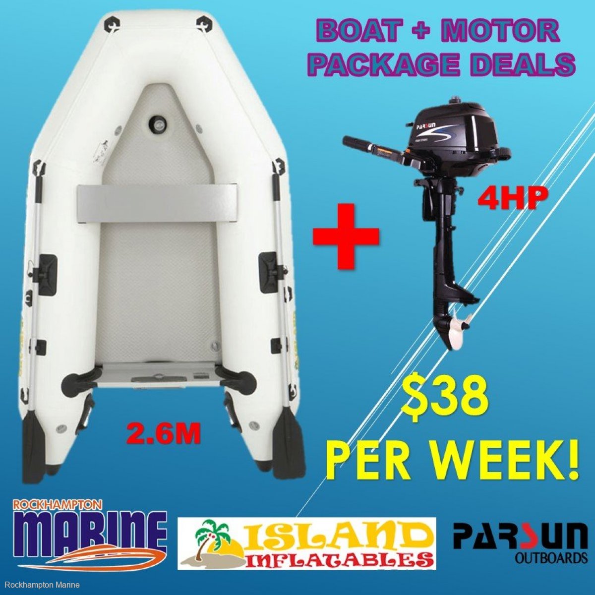 New Island Inflatables Island Airdeck 260 Boat + Parsun 4hp Four Stroke Outboard Package