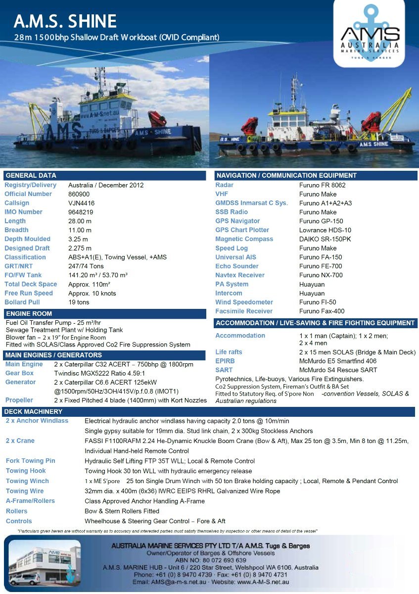 Australia Marine Services AMS Tugs and Barges 28m Shallow Draft Workboat Custom Multicat:AMS SHINE Spec Sheet