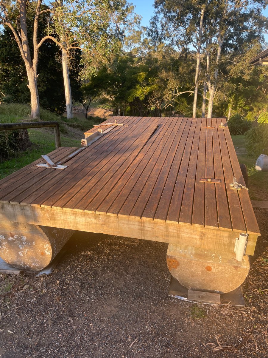Concrete pontoon with beautiful wood decking