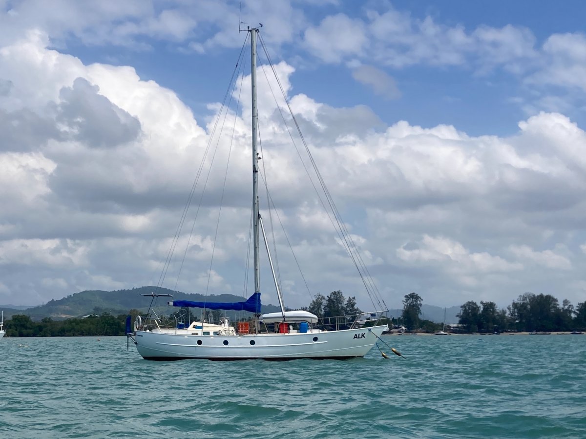 Dutch built sailing yacht with classic lines:At her mooring in Phuket