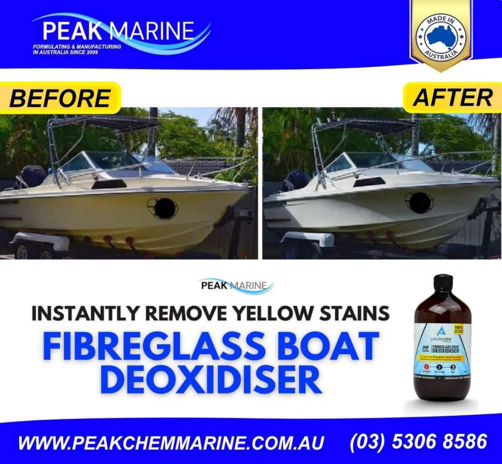 Instantly remove yellow staining - 2HF Fibreglass Boat Deoxidiser