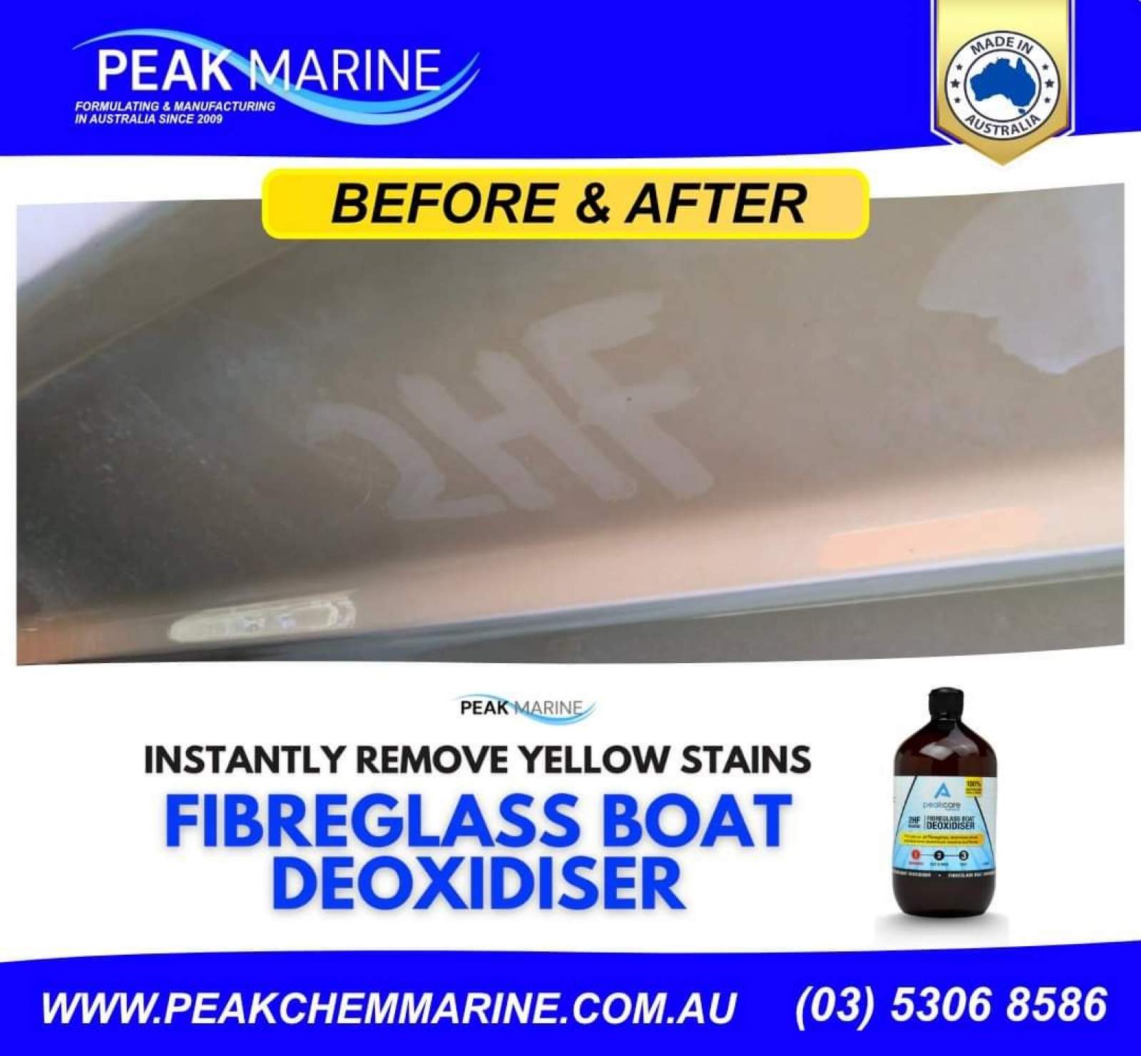 Instantly remove yellow staining - 2HF Fibreglass Boat Deoxidiser