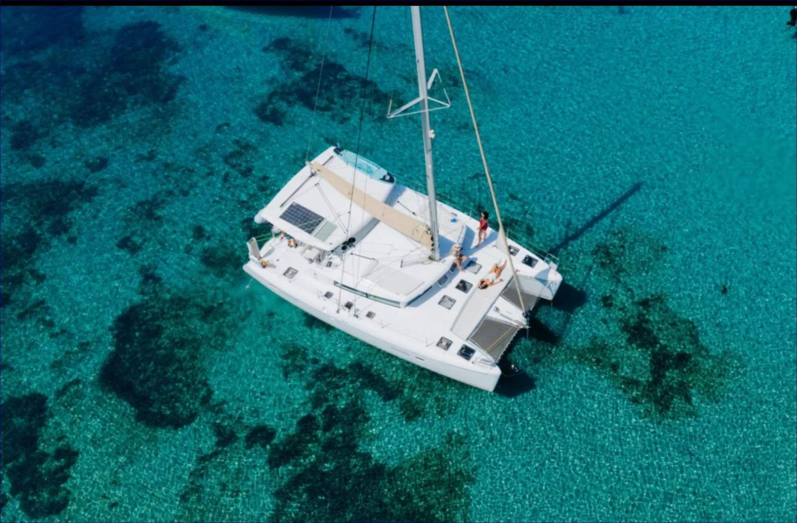 Lagoon 420 Owners version three cabins each with ensuite:Sistership aerial view