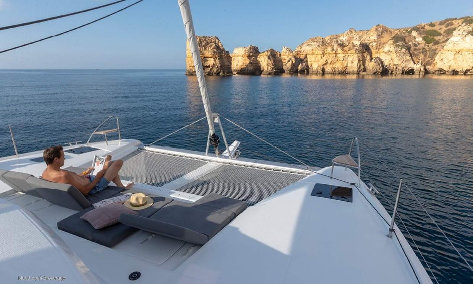 Fountaine Pajot Elba 45 'Shavasan':Bow view at anchor relaxing
