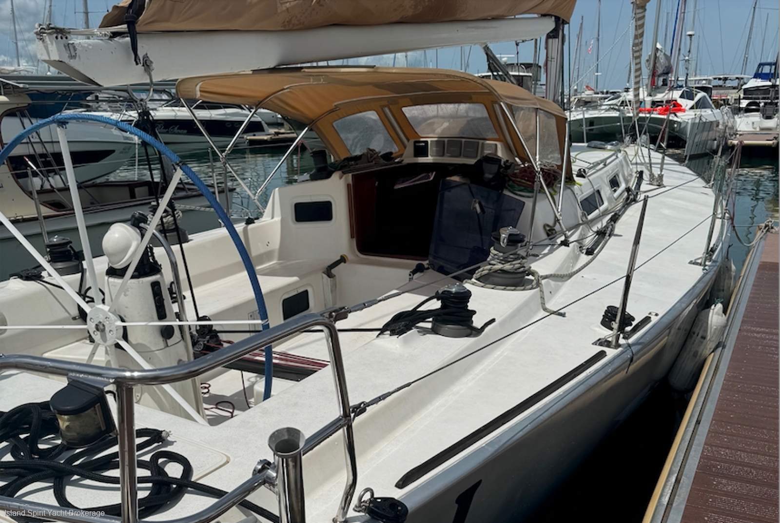 J Boats J/130 'Jing Jing':Starboard aft view at dock