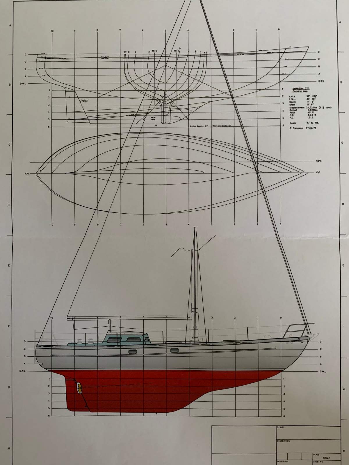 Swanson 38 Masthead sloop yacht, spoon bow, canoe stern