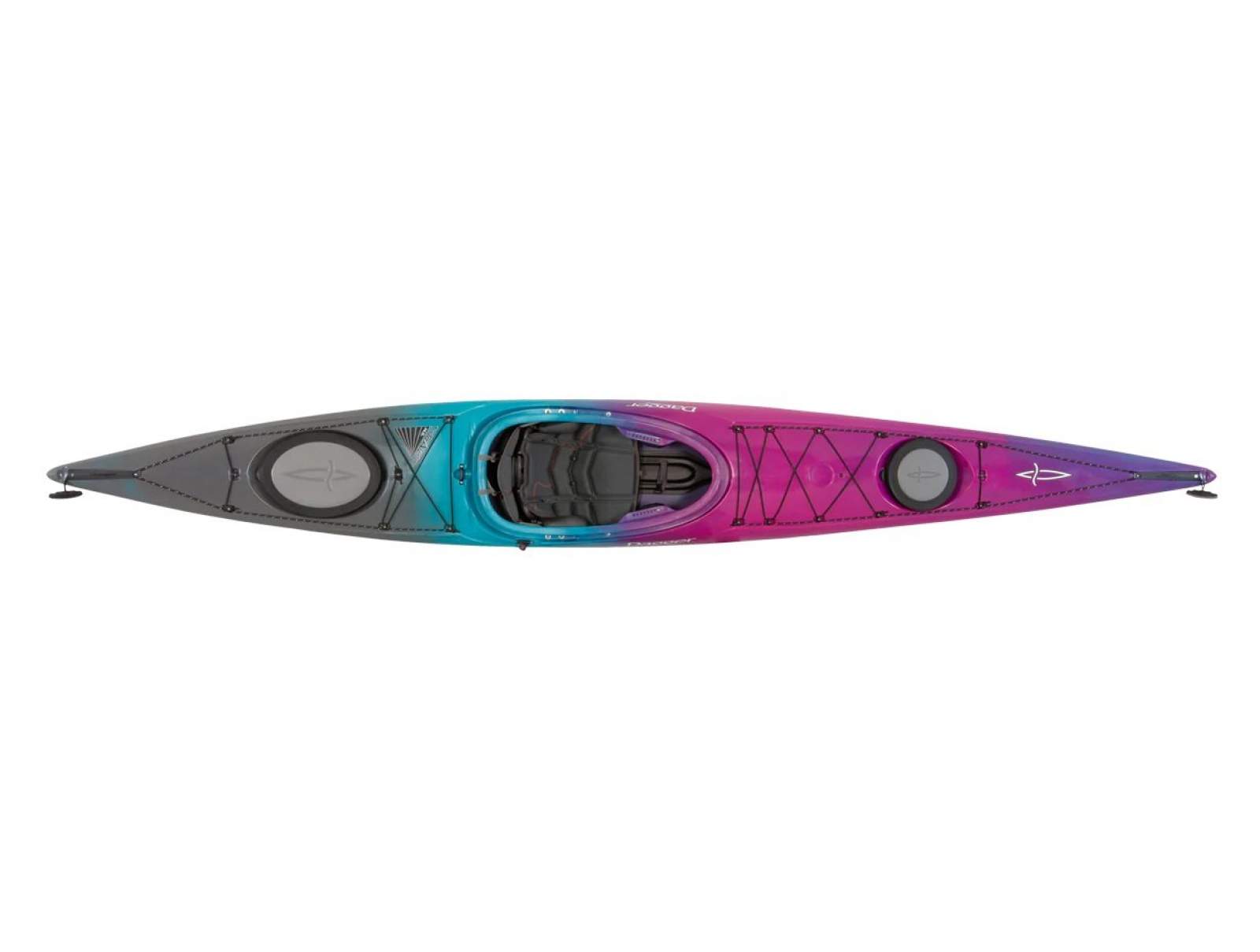 Brand new Dagger Stratos 14.5 S and 14.5 L sit in touring kayaks.
