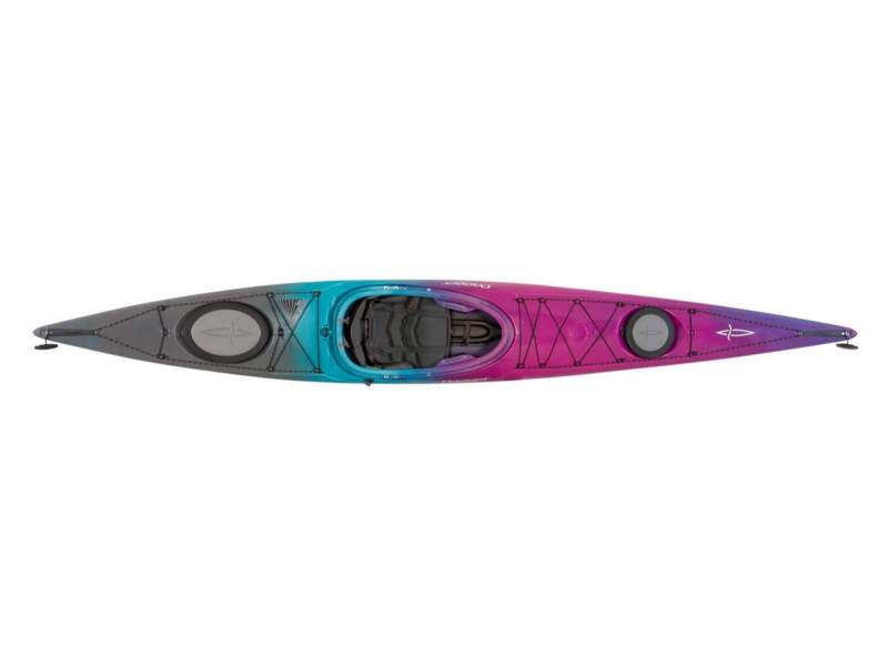 Brand new Dagger Stratos 14.5 S and 14.5 L sit in touring kayaks.