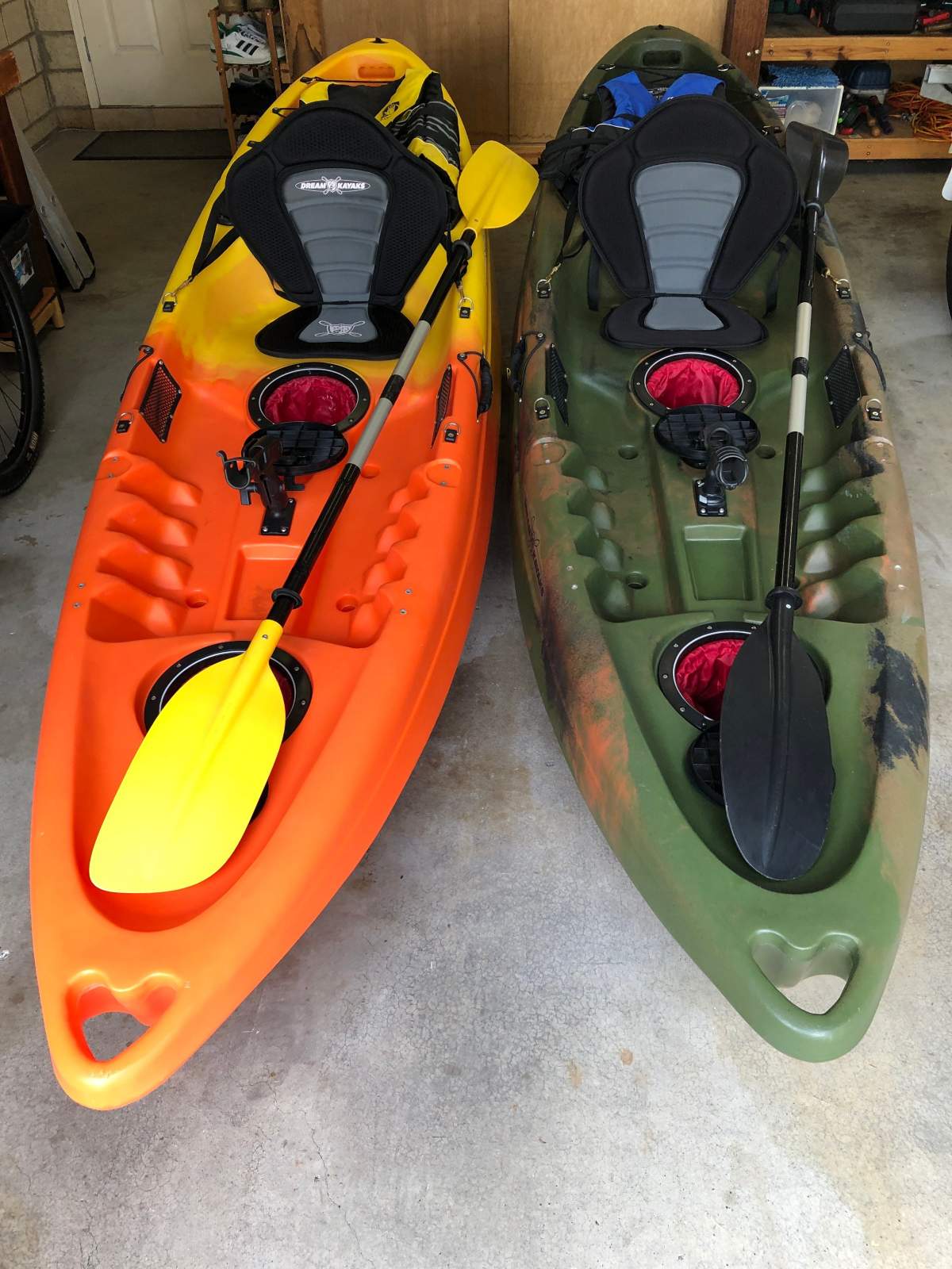 2 x 3m Kayaks + Trolleys + Reg'd Trailer + Gear:Side by Side