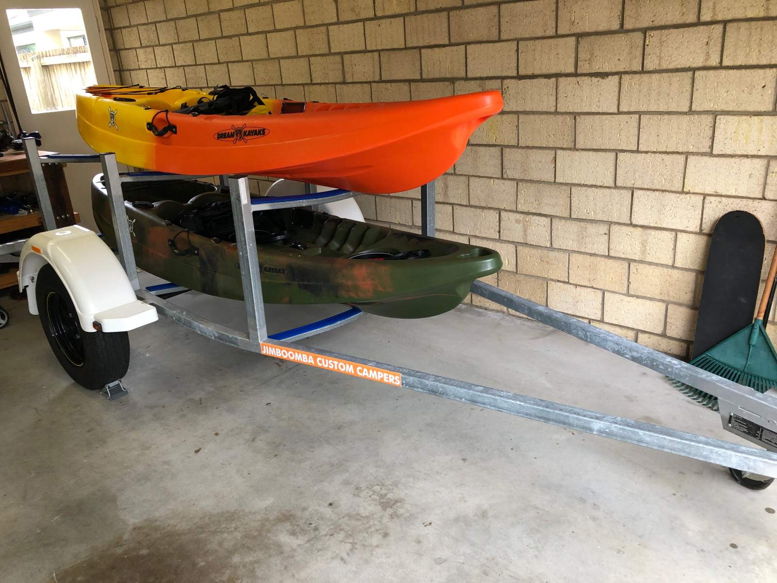 2 x 3m Kayaks + Trolleys + Reg'd Trailer + Gear:Stacked, easy on off