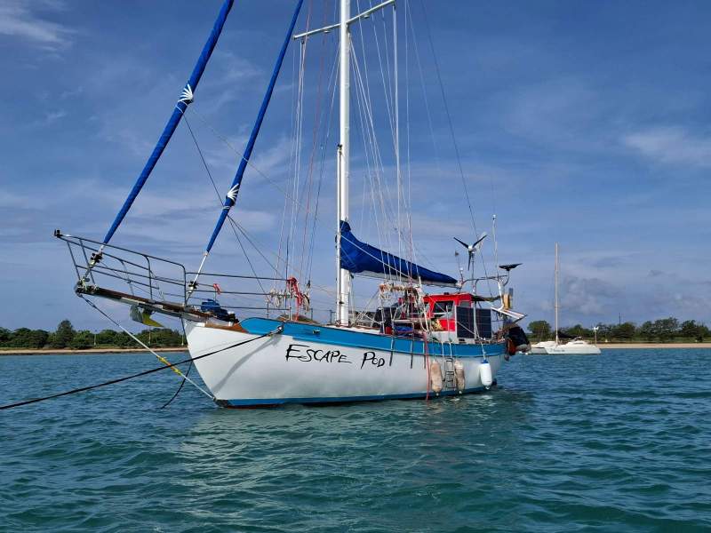 Westsail 32 Heavy displacement, full length keel, safe design.