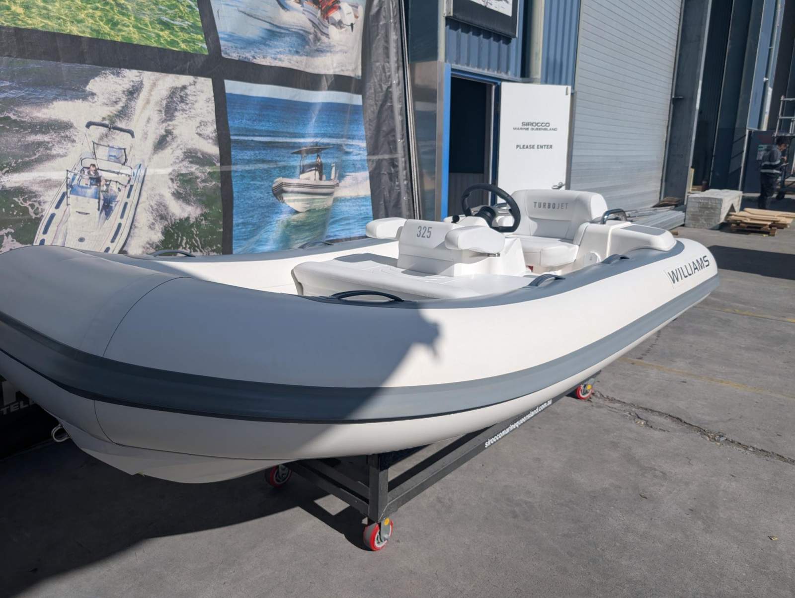 Williams 325 Turbojet fibreglass centre console RIB with hypalon tubes