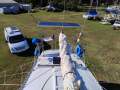 Marples 44 Fast Cruiser Constant Camber Trimaran Cat-Rigged Schooner:Aft deck. Solar panels on Arch.