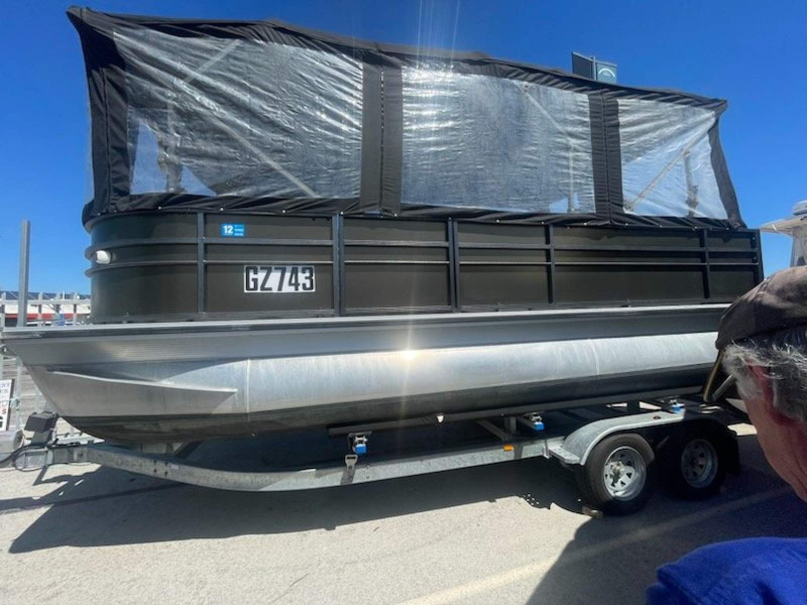 Gospel 6.9 Pontoon Barge Party Pontoon On a solid registered trailer