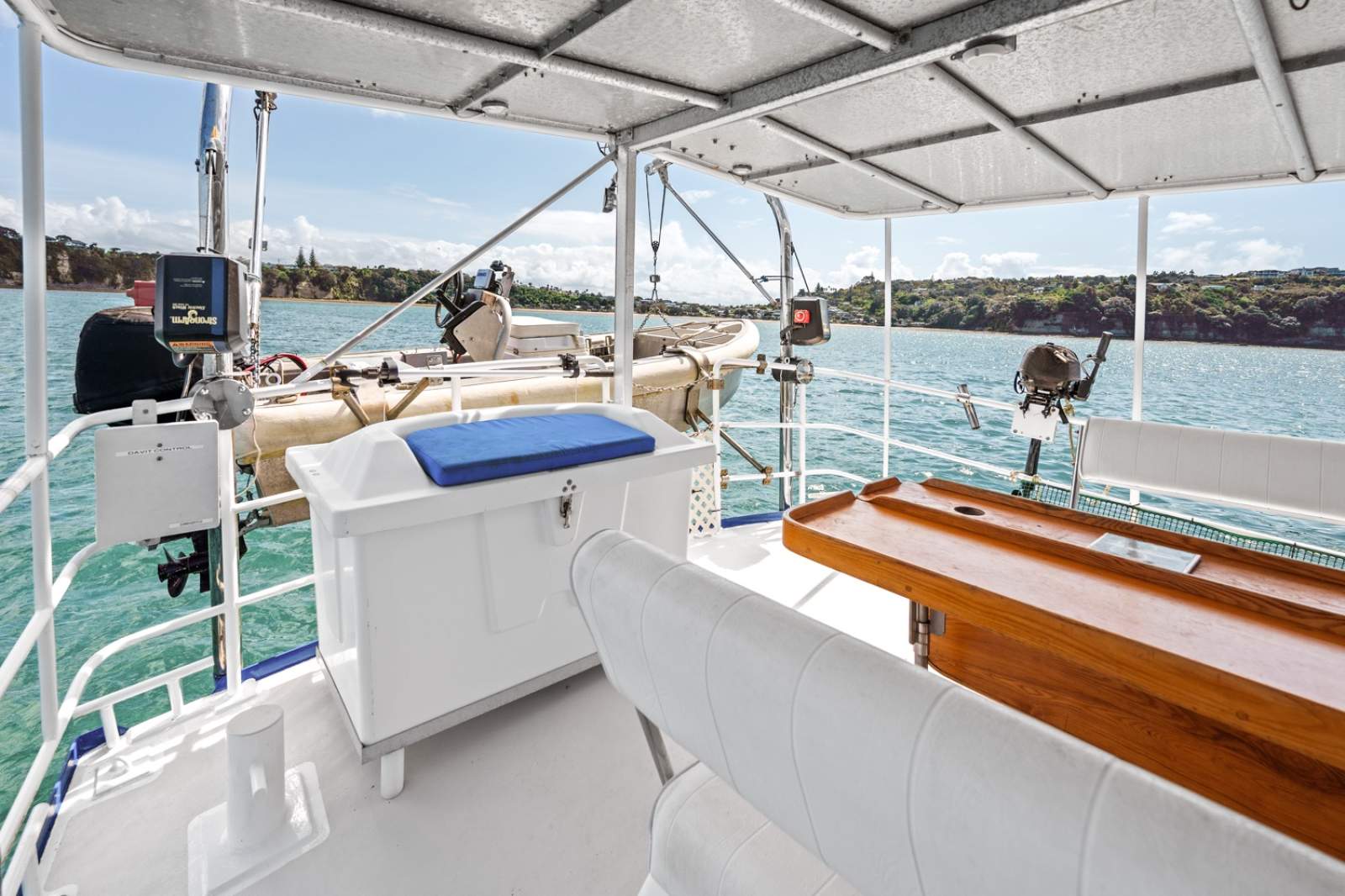 Diesel Duck Classic 44:Looking aft on covered deck, large deckbox stowage