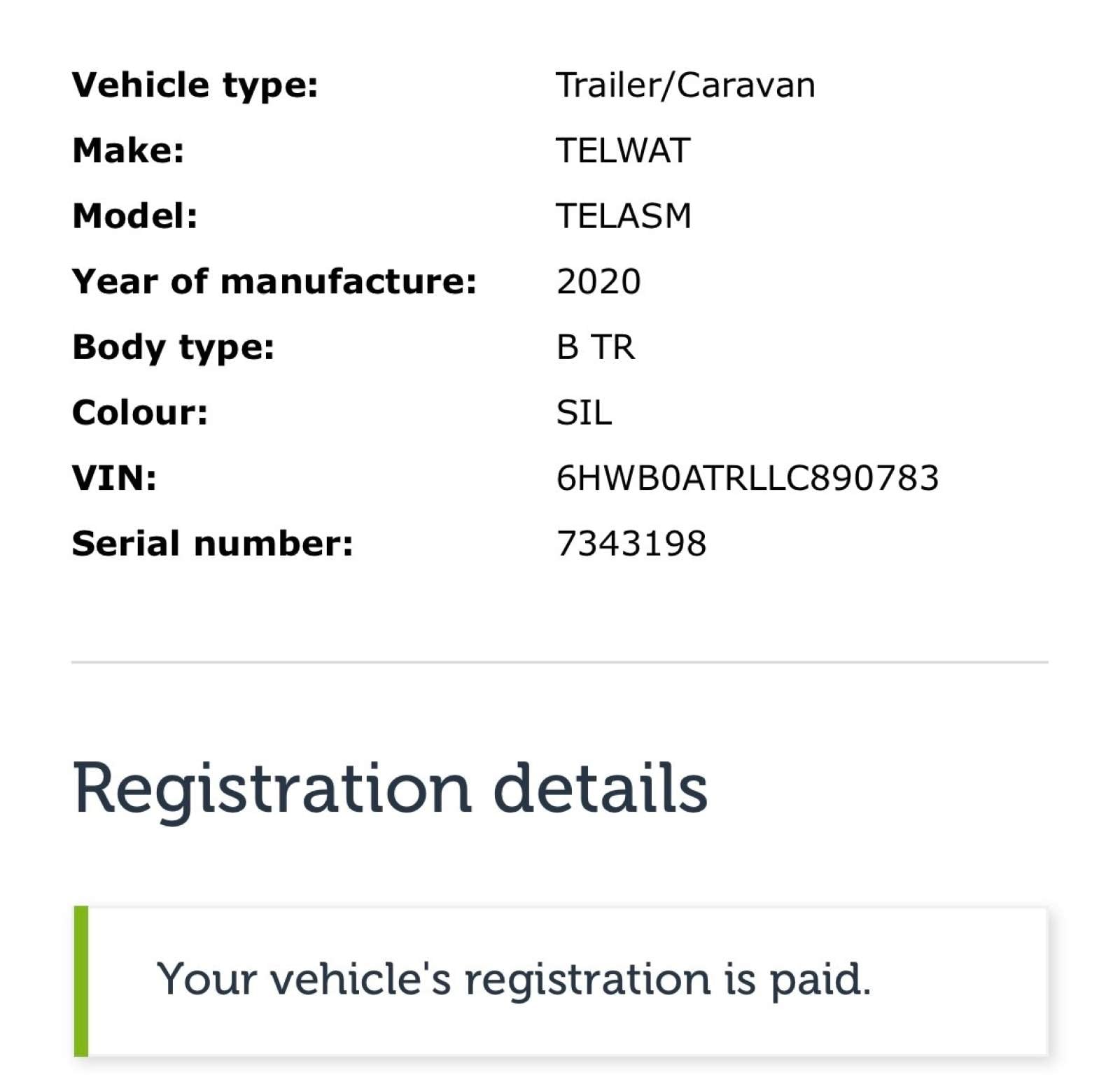 2020 Telwater Telasm Trailer For Sale:Registration details