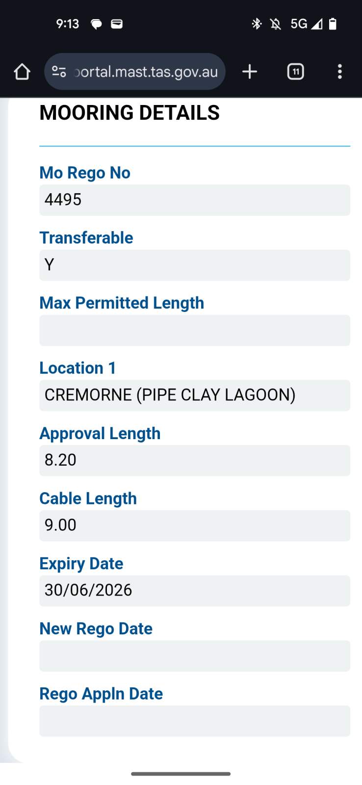 Mooring at Cremorne / Pipe Clay Lagoon