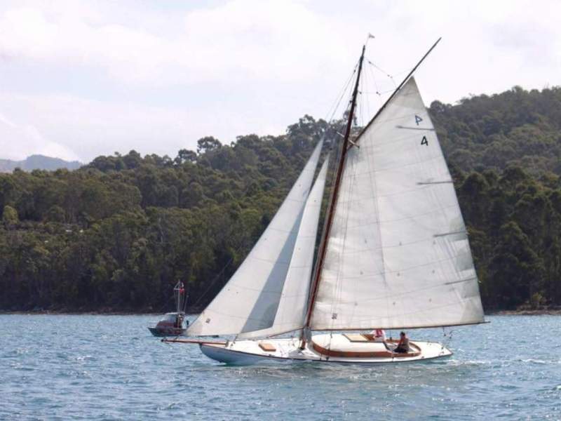 Gaff-rigged Huon pine Tasmanian One Design yacht