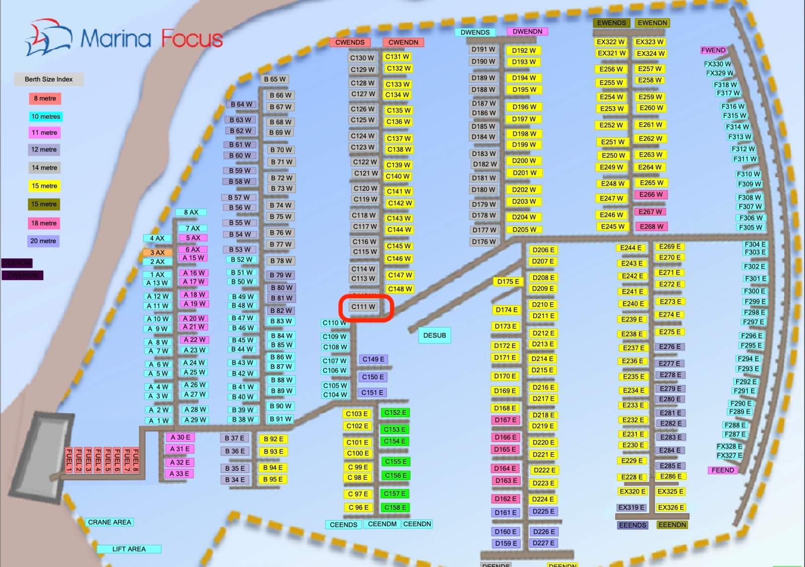 Rare 14 Metre Berth for Sale - C111 West, Sandringham Yacht Club:Marina Map