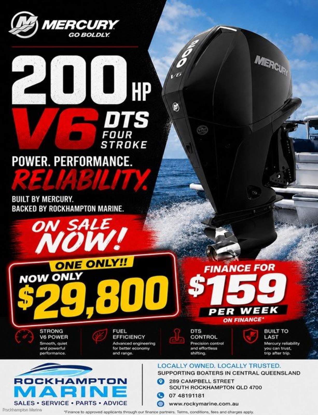 MERCURY 200hp V6 DTS FOUR STROKE OUTBOARD EXTRA LONG SHAFT IN STOCK NOW!!!