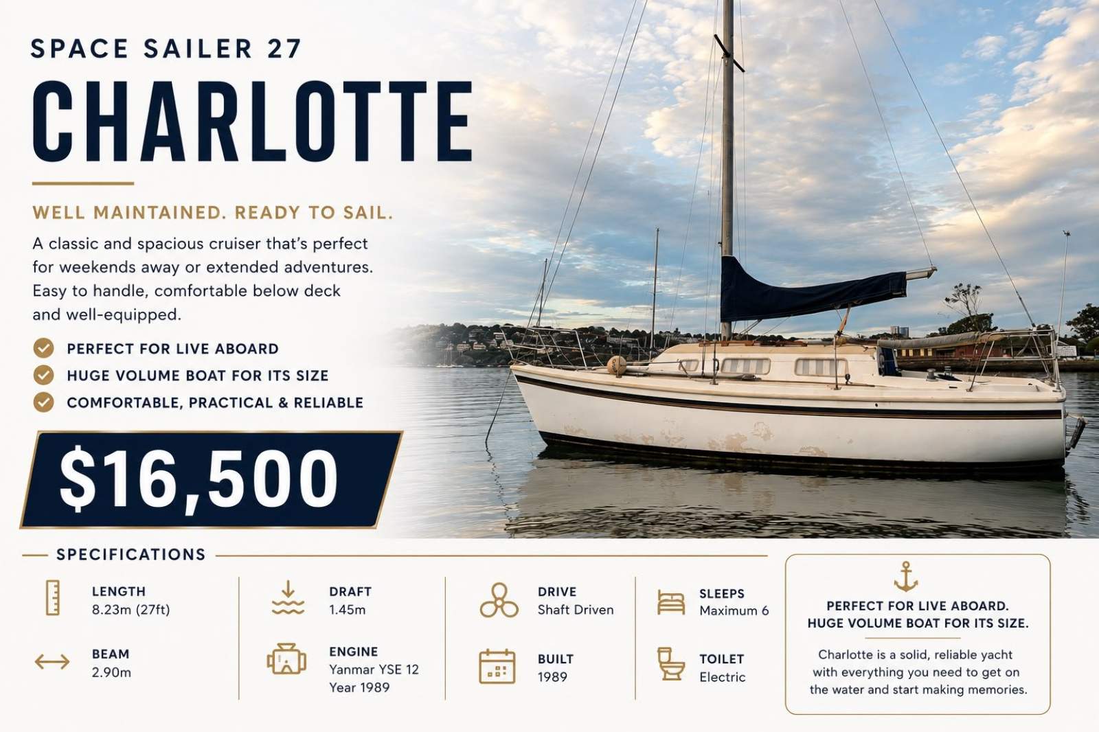 Spacesailer 27 HUGE internal volume, setup for live aboard.