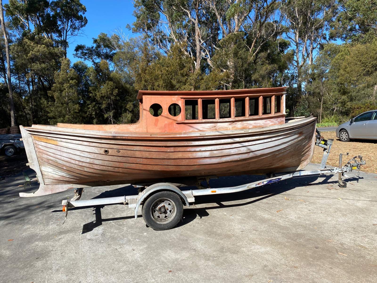 Teak Timber Vintage Boat on Trailer, Yanmar Diesel