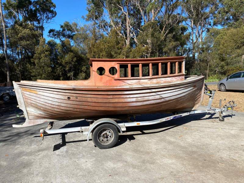 Teak Timber Vintage Boat on Trailer, Yanmar Diesel