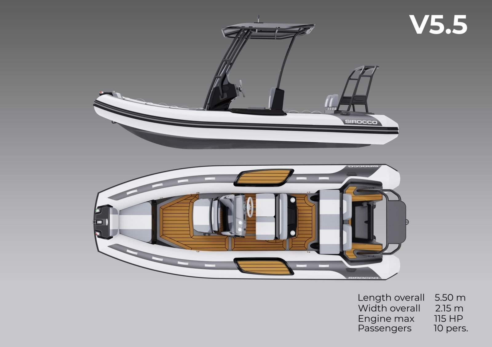 Sirocco V550 European made alloy centre console rib hypalon