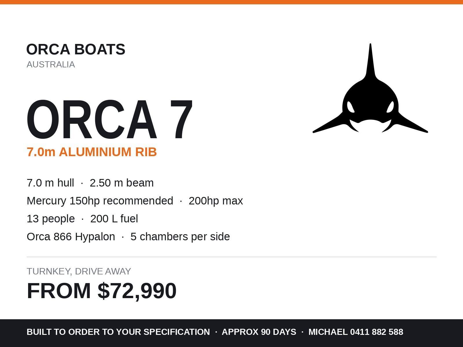 Orca Boats Orca 7 - 7.0m Alloy RIB, 13 Person, Turnkey Built to Order