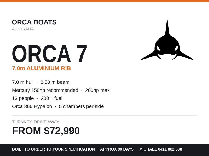 Orca Boats Orca 7 - 7.0m Alloy RIB, 13 Person, Turnkey Built to Order