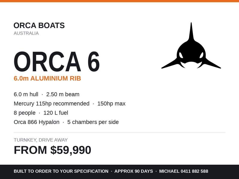 Orca Boats Orca 6 - 6.0m Alloy RIB, Hypalon, Turnkey Built to Order