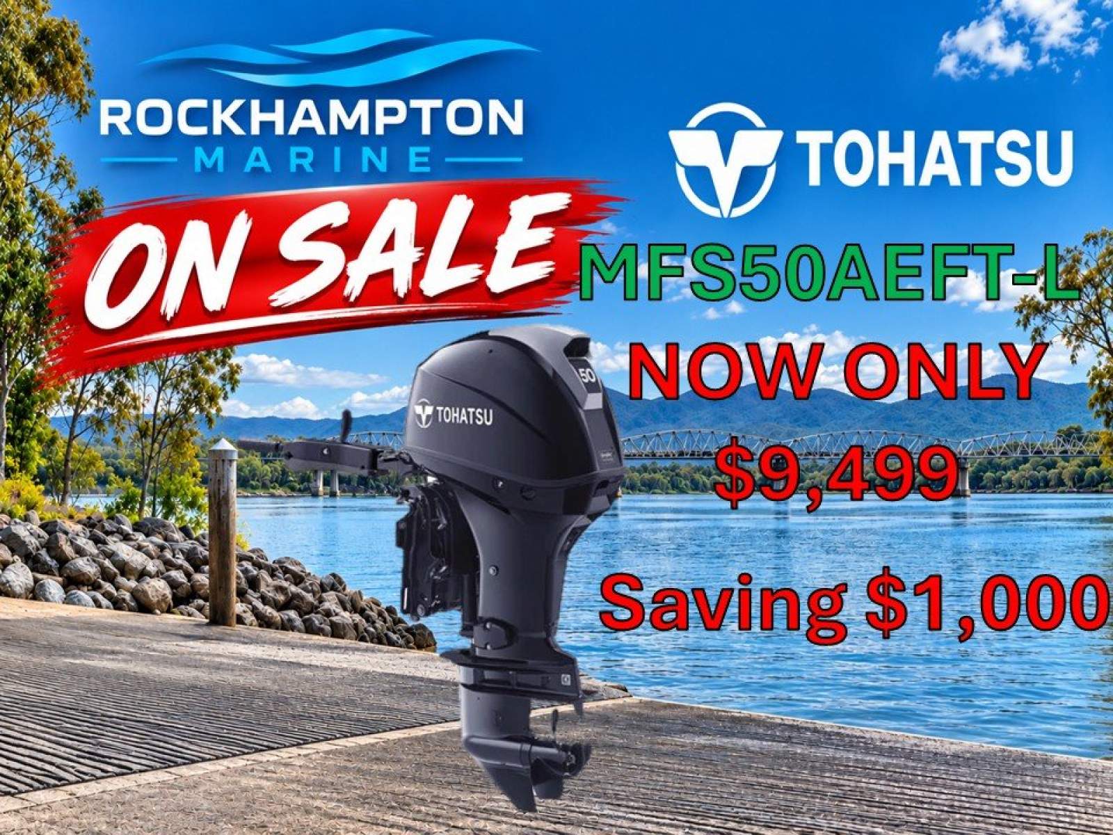 BRAND NEW TOHATSU 50HP LONG ELEC START POWER TRIM FOUR STROKE TILLER