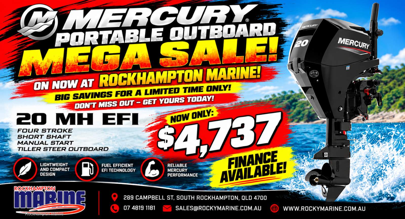 ON SALE NOW! NEW MERCURY 20HP FOUR STROKE SHORT SHAFT MANUAL START TILLER!