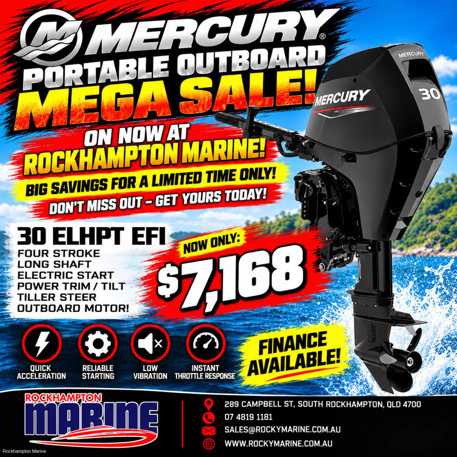 ON SALE NOW! NEW MERCURY 30HP FOUR STROKE LONG SHAFT ELECTRIC START TILLER!