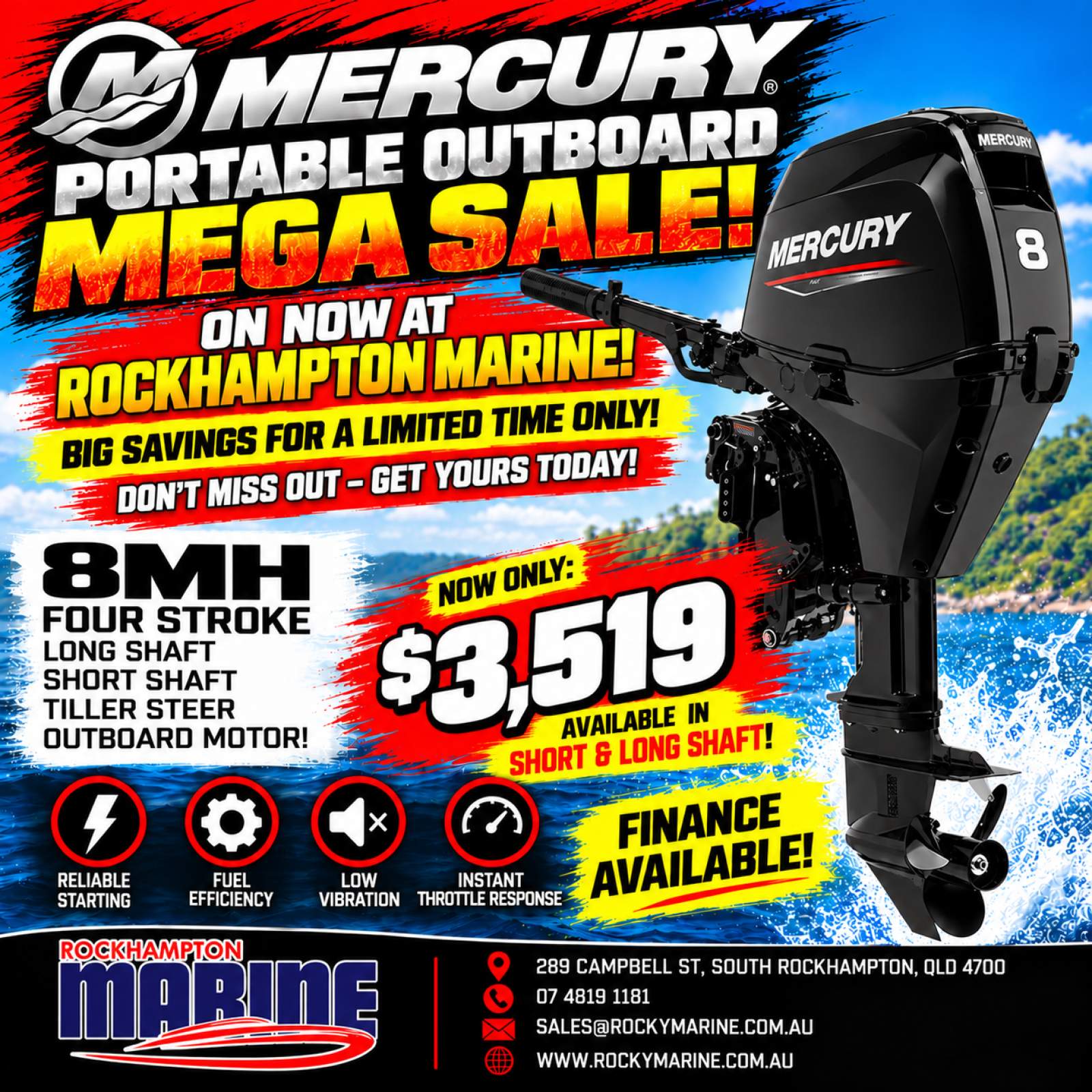 NEW MERCURY 8MH EFI FOUR STROKE MANUAL START TILLER OUTBOARD