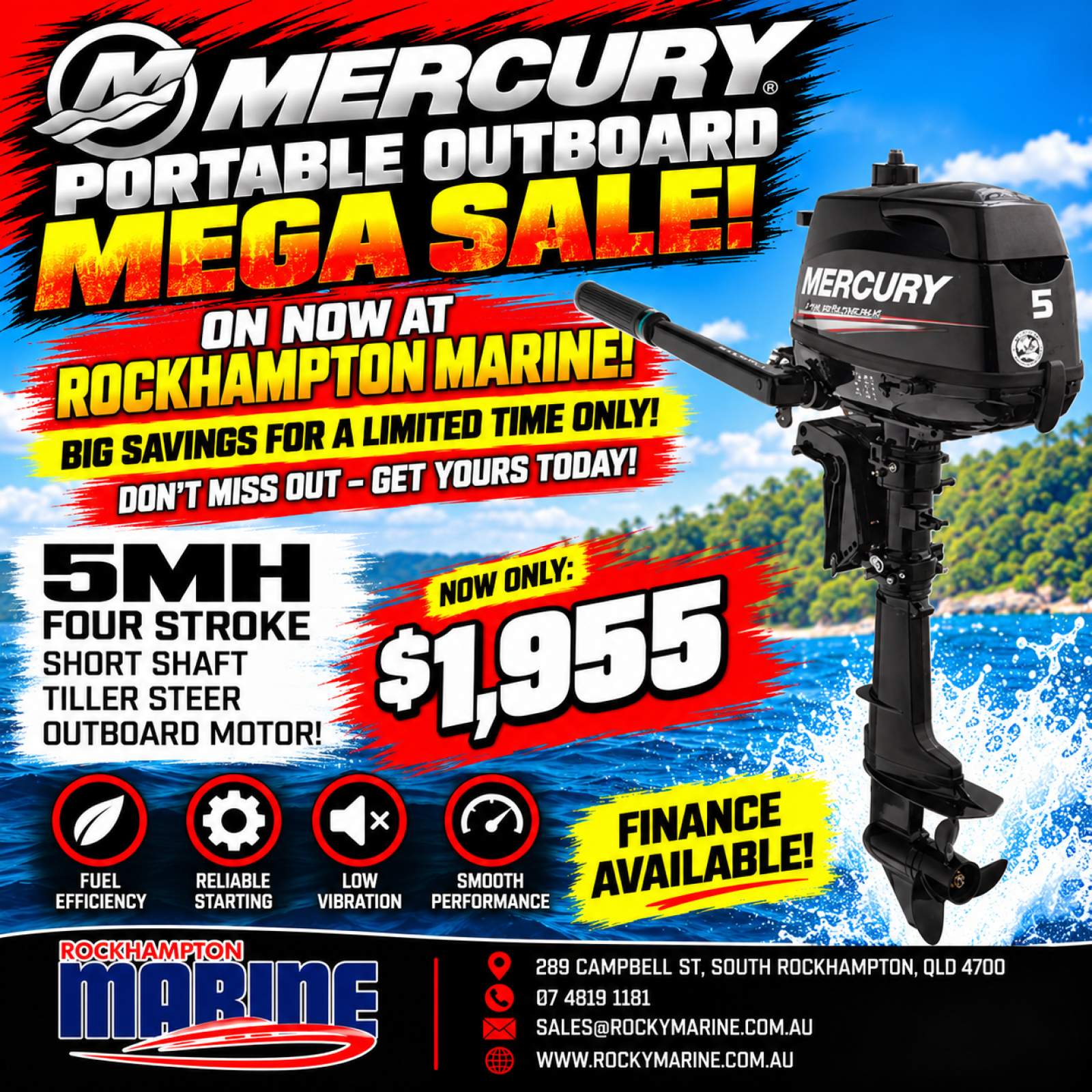 NEW MERCURY 5MH FOUR STROKE MANUAL START SHORT SHAFT TILLER OUTBOARD