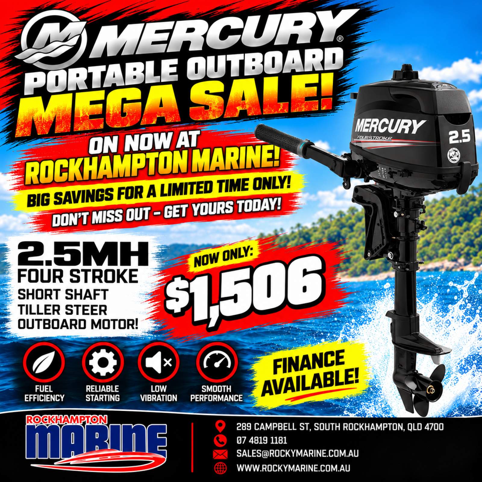NEW MERCURY 2.5MH FOUR STROKE SHORT SHAFT TILLER STEER OUTBOARD MOTOR!