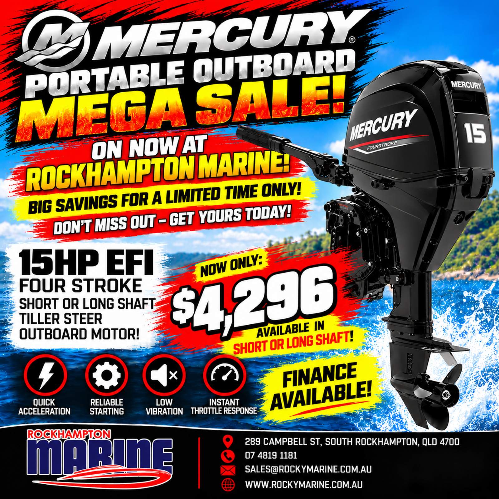 BRAND NEW MERCURY 15HP FOUR STROKE SHORT SHAFT MANUAL START TILLER STEER!