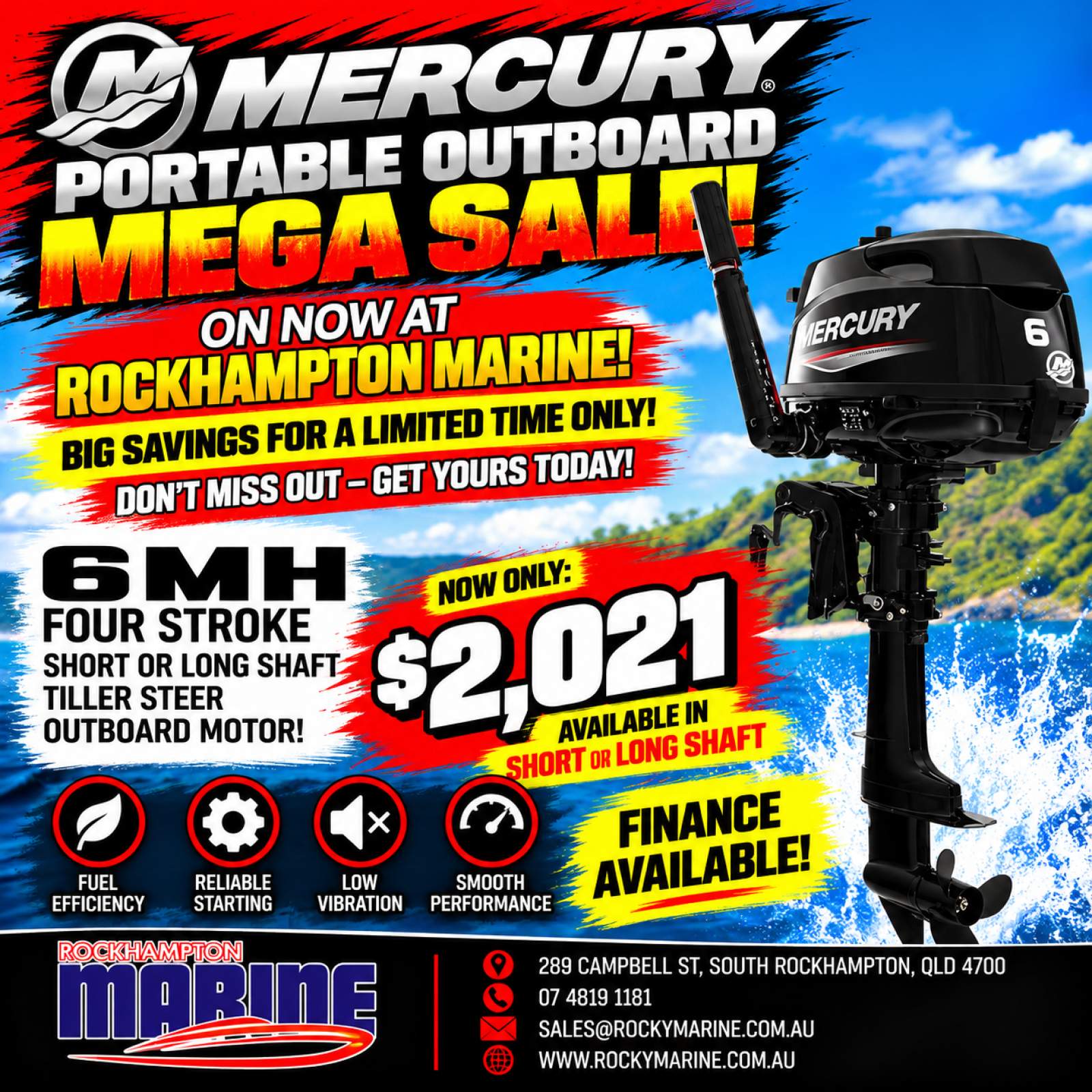 MERCURY 6HP FOUR STROKE MANUAL START TILLER STEER OUTBOARD
