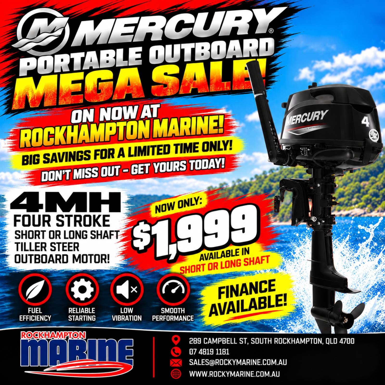 MERCURY 4HP FOUR STROKE MANUAL START TILLER STEER OUTBOARD