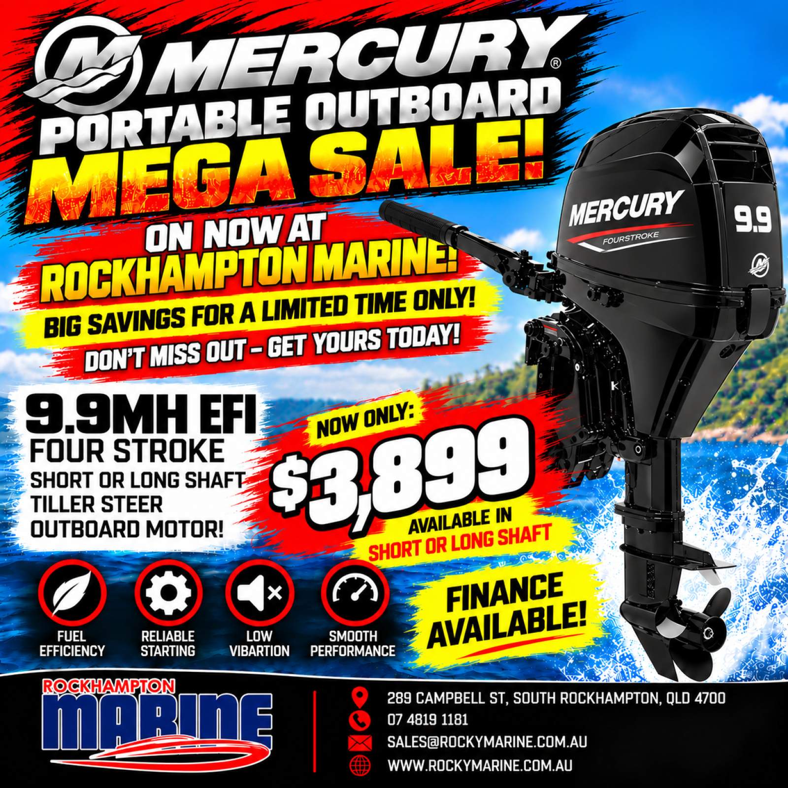 MERCURY 4HP FOUR STROKE MANUAL START TILLER STEER OUTBOARD