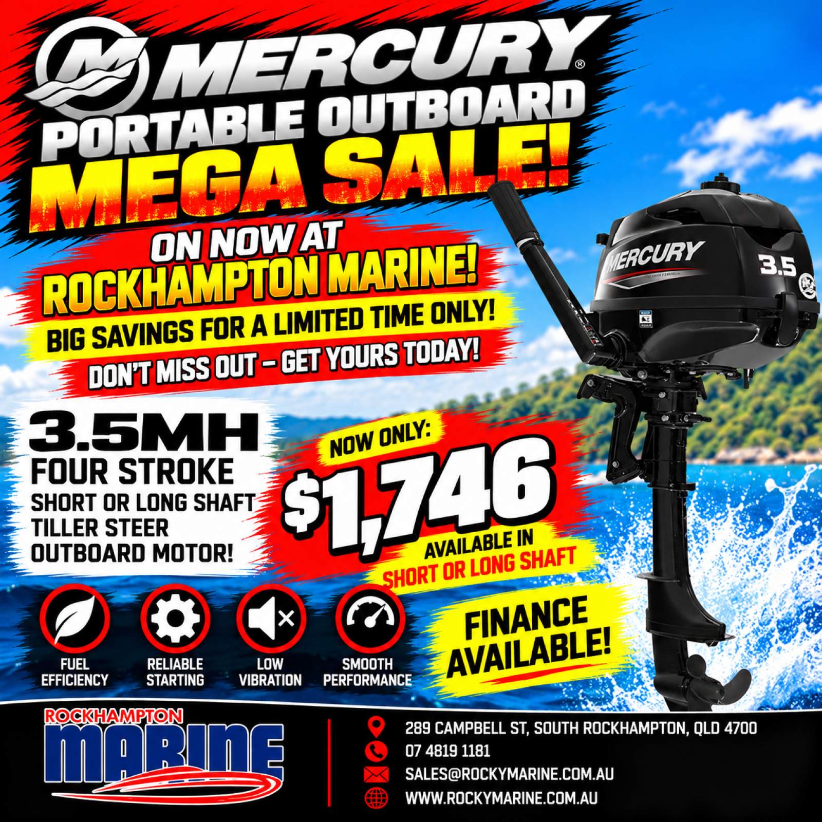 MERCURY 3.5HP FOUR STROKE MANUAL START TILLER STEER OUTBOARD