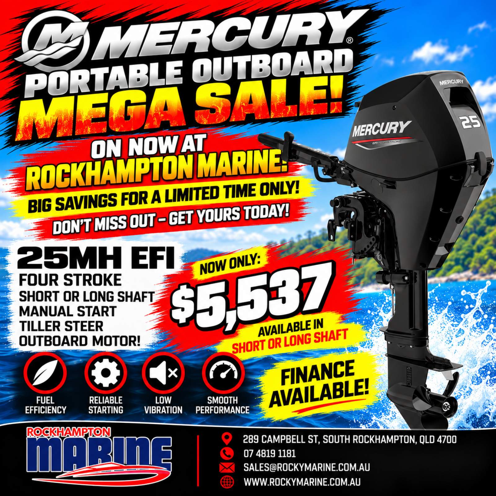 NEW MERCURY 25HP FOUR STROKE MANUAL START TILLER OUTBOARD!