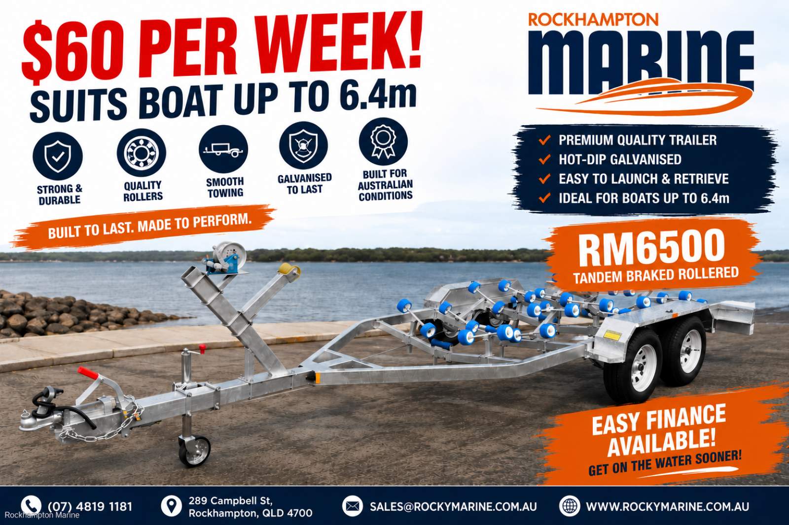 RM BOAT TRAILERS 6500 BRAKED TANDEM ROLLERED TRAILER SUITS BOATS 6M-6.4M