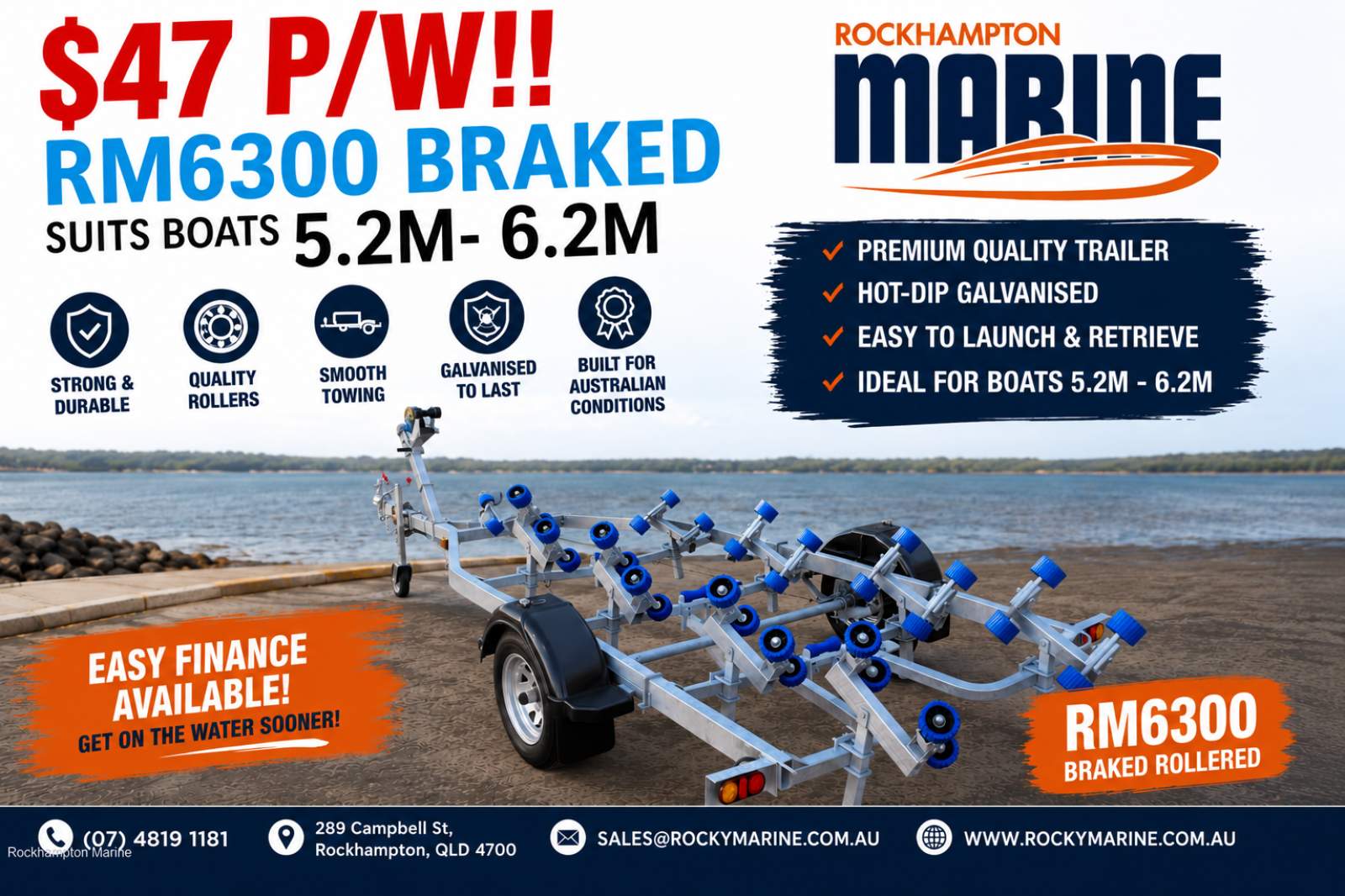 RM BOAT TRAILERS 6300 BRAKED ROLLERED BOAT TRAILER SUITS BOATS 5.2M-6.2M!!