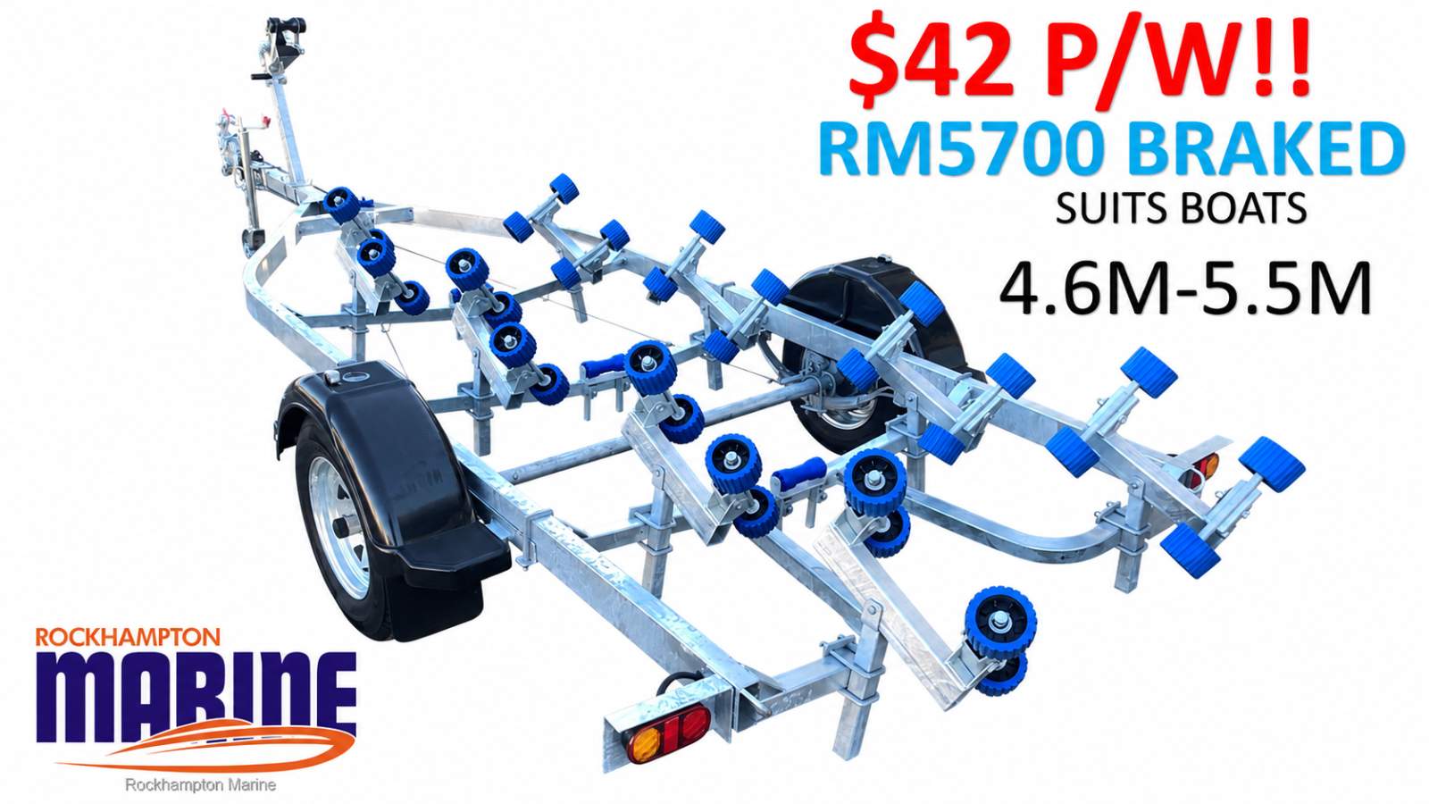 RM BOAT TRAILERS 5700 BRAKED ROLLERED BOAT TRAILER SUITS BOATS 4.6M-5.5M!