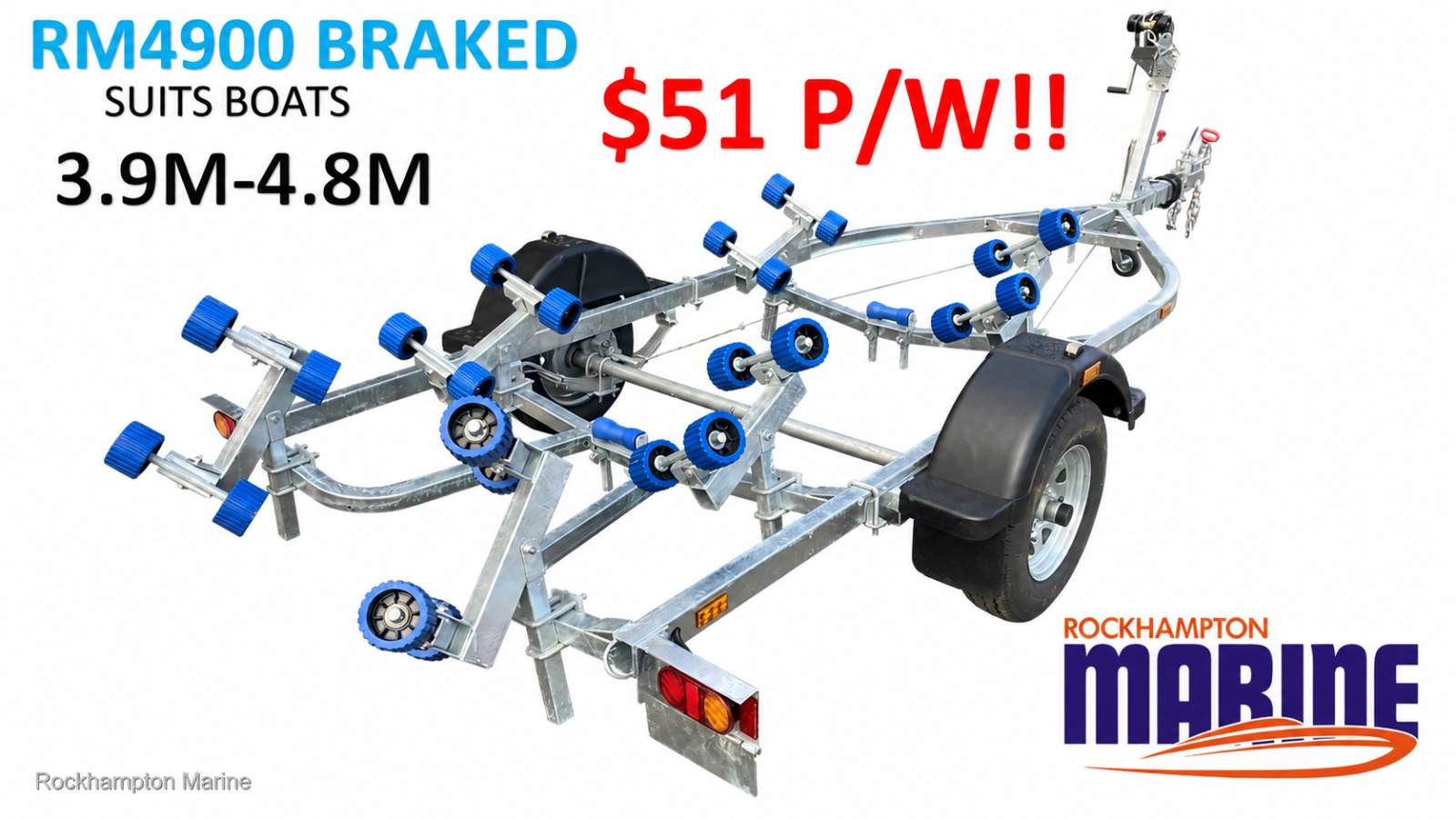 RM BOAT TRAILERS 4900 BRAKED ROLLERED BOAT TRAILER SUITS BOATS 3.9M-4.8M